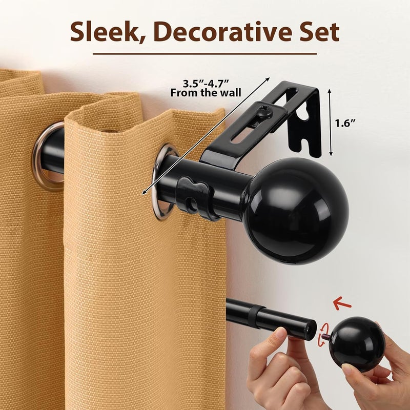 DEROFIT 12-20 Inch 1" Side Curtain Rod,Set of 2, Adjustable Black Curtain Rods Side, Short Curtain Rod with Decorative Finals, Heavy Duty Side Curtain Rod Set for Windows, Cafe, French Door - Image 2